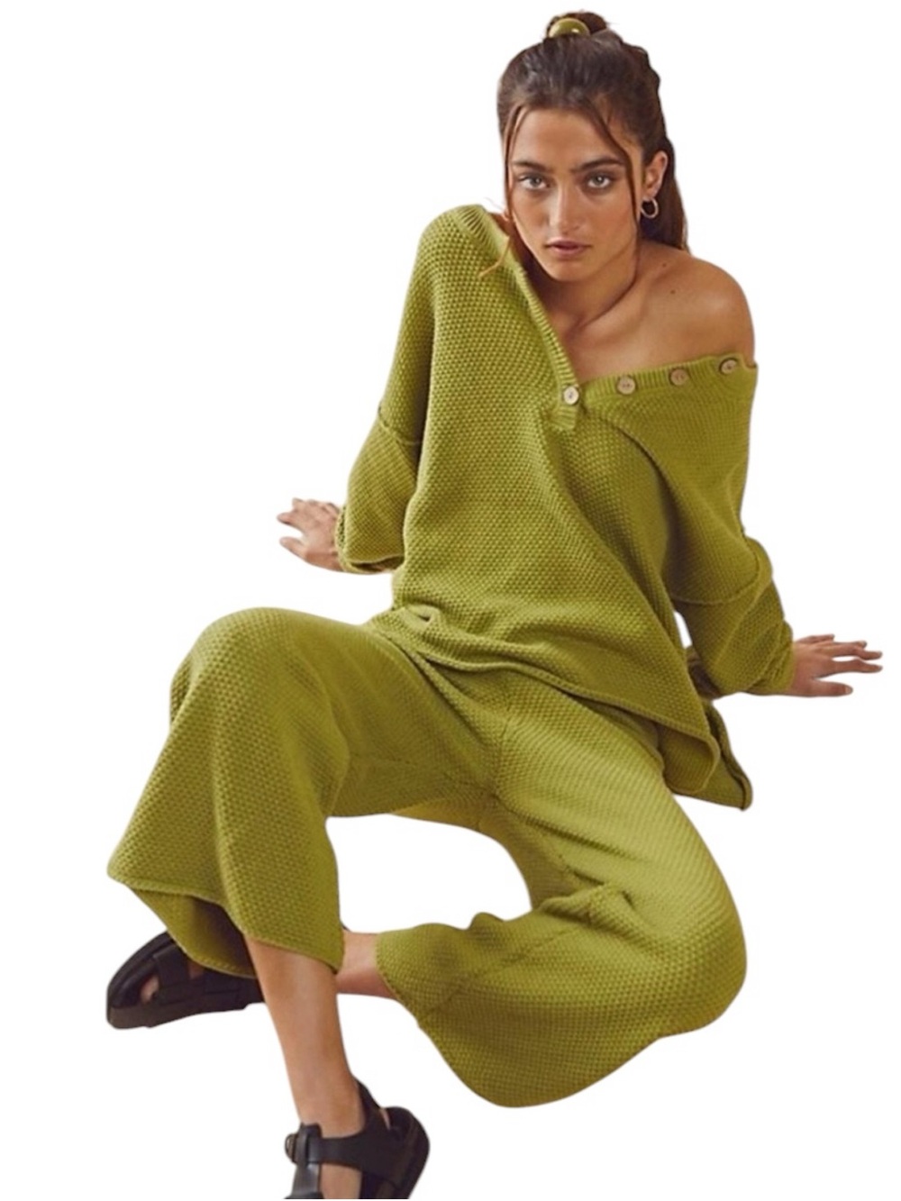 Free People Beach Hailee waffle stitch knit cropped flare pants Moss green S